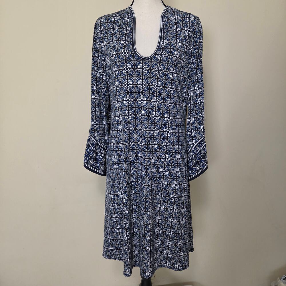 Max Studio L Jersey Pullover Dress 3/4 Bell Sleeve Scoop Neck Blue White Boho